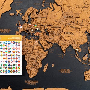木製世界地図、旅行地図、コルクボード、3Dプッシュピンウォールアート