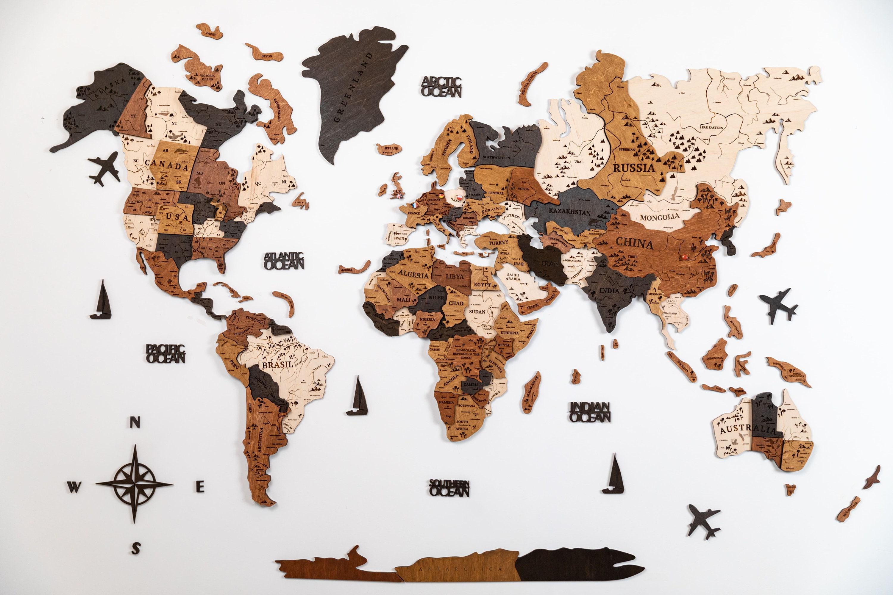 World Map, Wood Map, Wall Art Decor, Wooden World Map, 3D