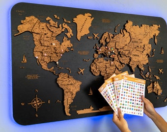 Cork World Map, 3D Wooden World Map, Wooden Map, Backlighting, 3d Wood World Map, LED Lighting, Home Wall Decor