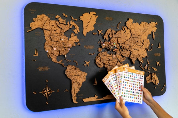 World Map Led Push Pin Wall Art, Cork World Map Board, Wooden World Map  Travel Map, Pin Board Apartment Decor, Above Bed Decor 