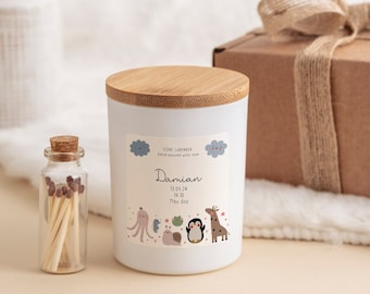 Nuevo regalo de vela perfumada para bebé con fecha, hora y peso Lindo diseño animal Bebé niño niña Personalizado nuevo bebé felicitaciones regalo recuerdo