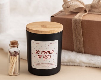 So proud of you scented candle with your text Personalised graduation gift for her him Well Done GCSE result Congratulations Gift New Job
