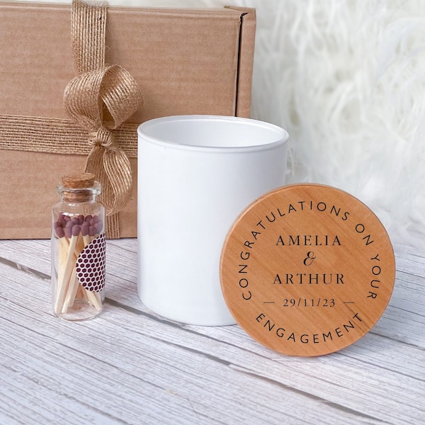Personalised Engagement Candle with Wooden Engraving Lid / Gift for Engaged Couple / Hand Poured Luxury Keepsake Congratulations on Your
