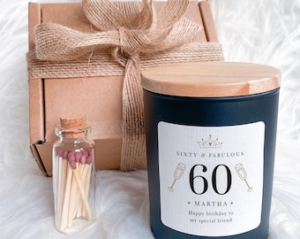 60th Birthday Candle Gift Personalised Candle for Her Gift for Friend Mum Auntie or Sister Sixty & Fabulous Keepsake Candle Gift Set Vegan