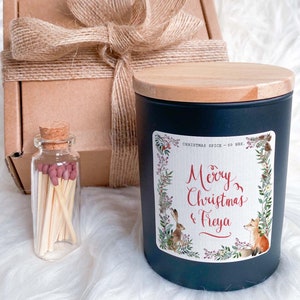 Bougie parfumée de Noël personnalisée avec prénom et boîte cadeau pour elle et lui, cadeau de Noël végétalien unique, confortable et élégant Hygge Animaux de la forêt Renard