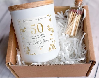 Vela perfumada para el 50.º aniversario de bodas de oro. 50 años de amor. Regalo personalizado para mamá, papá y abuelos con nombres y fecha.