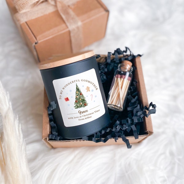 Personalised Scented Candle Christmas Gift for godmother / Gift Box for Her / Merry Christmas Cosy Stylish Unique Vegan Xmas Present