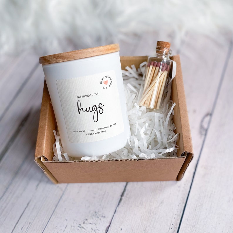 No words just hugs candle / Gift Box for Her Him / Sending you hugs in candle / Thinking of you gifts Gift for friend Get Well Soon Sympathy White / Wooden lid