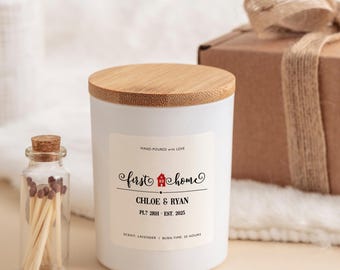 Personalised new home scented candle gift set with couple&#39;s names and date FREE gift box and matches Thoughtful first housewarming gift idea