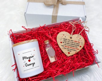 Personalised Candle Set with Wooden Heart with couple names Gift for her him Valentines Day Christmas Birthday Wife Girlfriend Fiancée