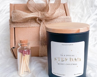 Regalo de Navidad para padrastro: Vela vegana de cera de soja con caja y cerillas. Un atento regalo de Navidad para hijastro o hijastra.