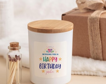 Kundenspezifisches Geburtstagsduftkerzen-Geschenkset mit Miniglas-personalisiertem Name Buntem alles Gute zum Geburtstagentwurf mit Feuerwerks-Geschenk für ihren Teenager