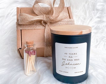 Bougie d'anniversaire pour couple avec prénom et texte, cadeau d'anniversaire de mariage, bougie parfumée à la cire de soja, 10 20 30 40 50 60 70 anniversaire de mariage