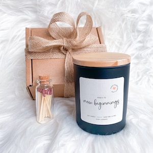 Here's to New Beginnings Scented Candle Gift Set Gift for New Job Gift Job Promotion Sobriety Home Start New Housewarming gift Xmas Present Black / Wooden lid