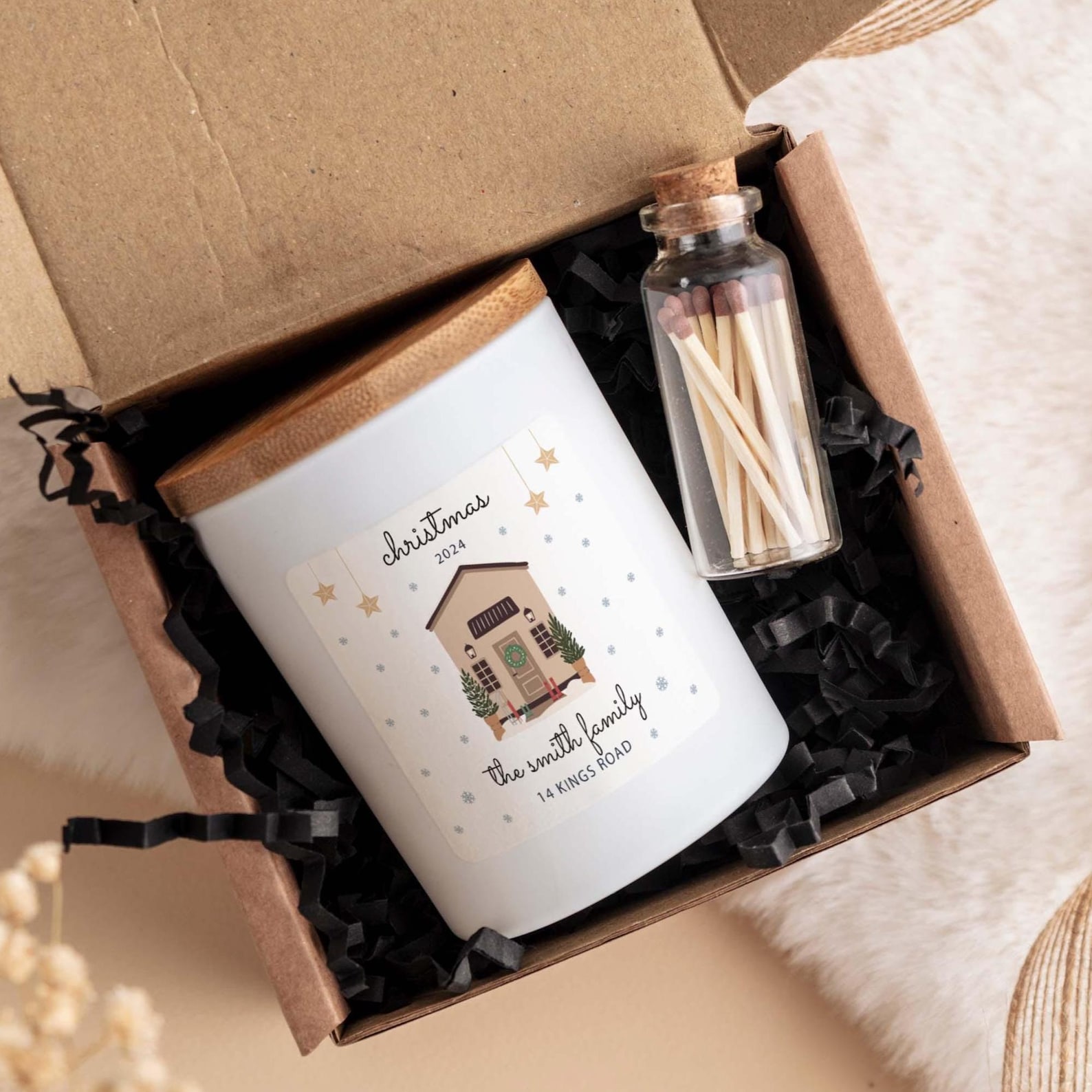 First Christmas at New Home Scented Candle Gift Set with Family Name and Address Gift for New Home Xmas Present Couple