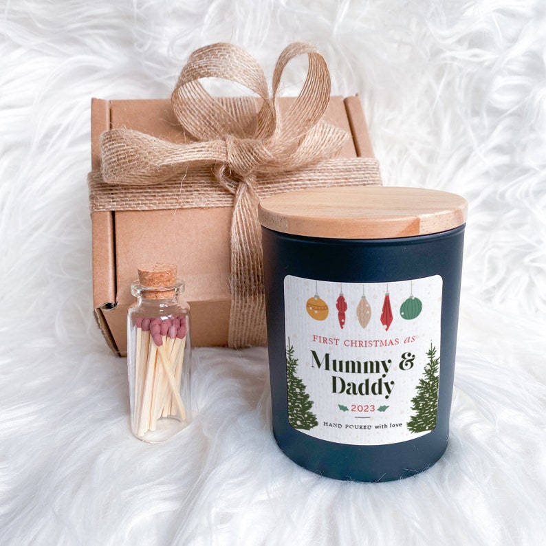 Personalised First Christmas as Mummy and Daddy Scented Candle Xmas Gift for New Mum Dad 1st Christmas New Parents Cosy Stylish Unique Vegan image 1