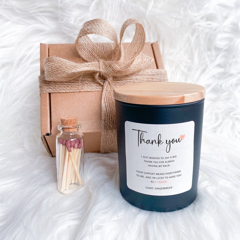 Personalised thank you scented candle with your text / Includes Gift Box & Matches / Gift for her him Minimalist luxury Teacher appreciation Black / Wooden lid
