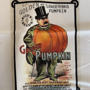 May include: Vintage illustration of a man-shaped pumpkin wearing a top hat and suit, with the text "Golden Pumpkin" and "Rice's Seeds." The image is framed with a black border and set against a white background.