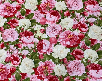 May include: A fabric with a dense floral pattern featuring roses in shades of red, pink, and white, interspersed with green leaves. The roses are in various stages of bloom, creating a textured and visually rich design.