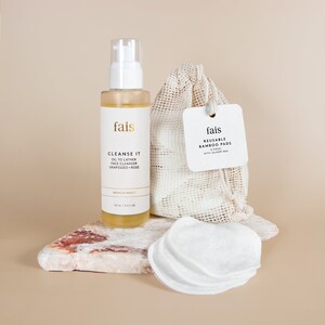 Fais Perfectly Clean Face Cleanser and Reusable Bamboo Pads Set - Gift for Her, Birthday Gift - Vegan Skincare, Sustainable