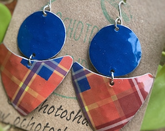 Tartan earrings, Blue and orange earrings, Metal earrings, Silver earrings