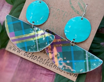 Tartan earrings, Christmas earrings, Metal earrings, Unique earrings