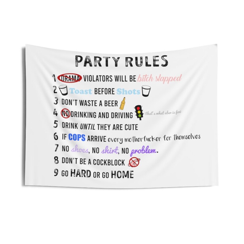 Party Rules Funny Tapestry College Dorm Decor White Etsy