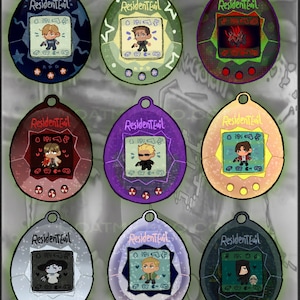 May include: Nine colorful digital pet toys with a Resident Evil theme. Each toy features a different character from the game series, including Leon S. Kennedy, Chris Redfield, and Jill Valentine. The toys are all in the shape of a traditional digital pet toy, with a screen and buttons.