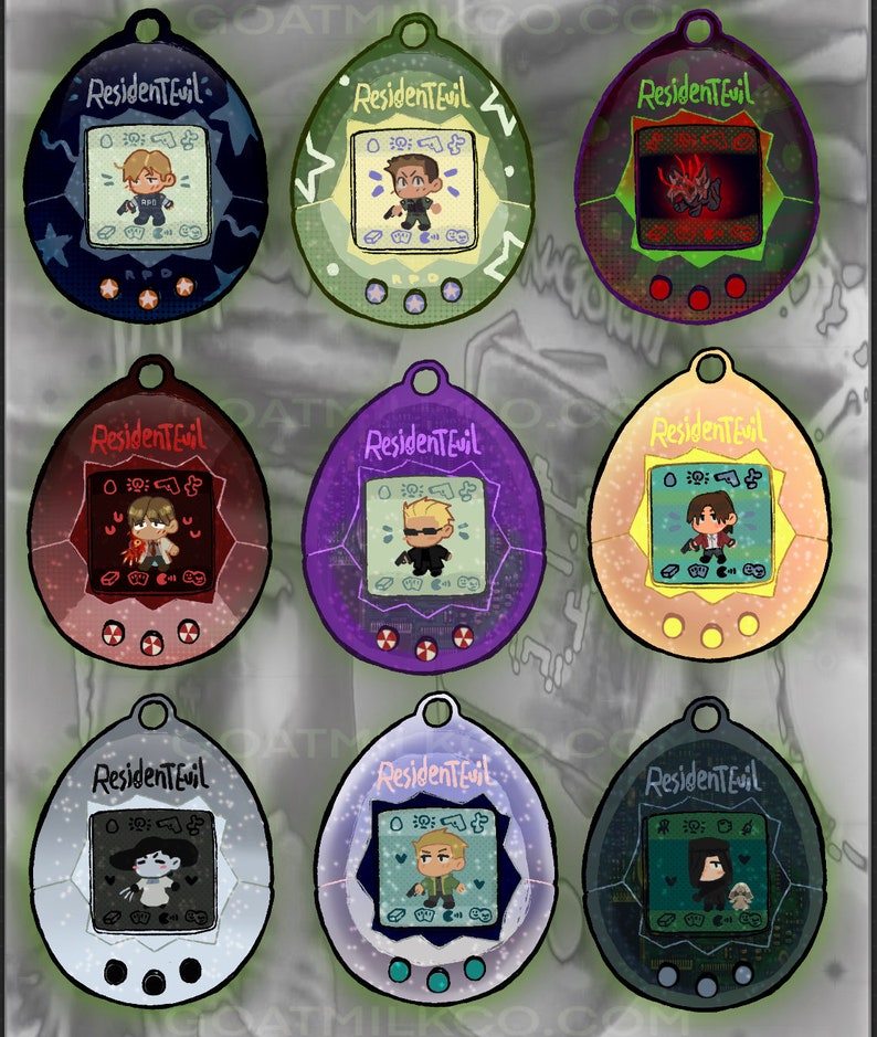 May include: Nine colorful digital pet toys with a Resident Evil theme. Each toy features a different character from the game series, including Leon S. Kennedy, Chris Redfield, and Jill Valentine. The toys are all in the shape of a traditional digital pet toy, with a screen and buttons.