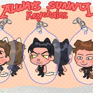 May include: Clear, double-sided keychains featuring cartoon characters with animal ears. The keychains have a silver chain and the text "ALWAYS SUNNY Keychains" with the words "with glitter" and "double sided".