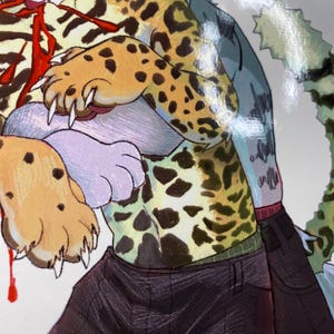Peut inclure: Une illustration color&eacute;e repr&eacute;sentant un personnage l&eacute;opard anthropomorphe avec un pelage jaune et noir tachet&eacute;, portant un pantalon sombre. Le personnage a un torse clair et est repr&eacute;sent&eacute; avec des griffes ac&eacute;r&eacute;es, des accents rouge vif et des textures de fourrure d&eacute;taill&eacute;es.