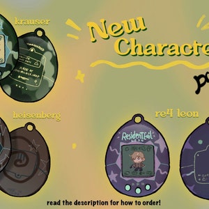 May include: Four different Resident Evil character designs on a digital pet toy. The characters are Krauser, Heisenberg, Leon, and a re4 Leon. The toys are purple, green, brown, and blue.