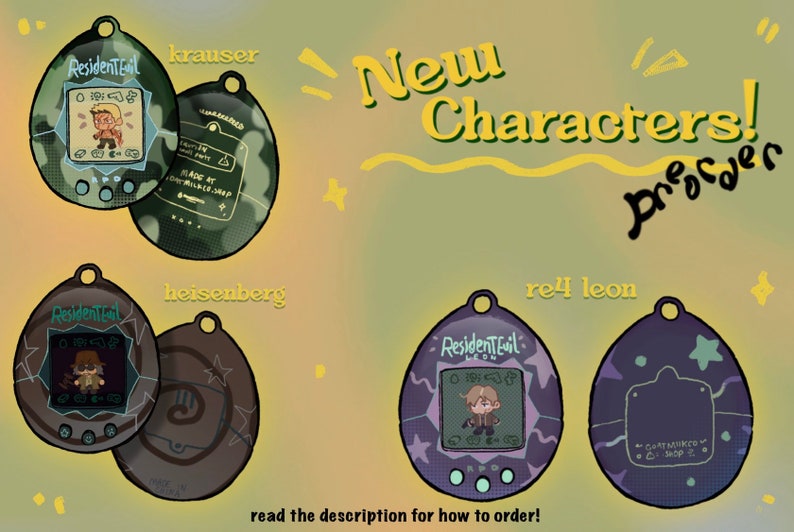 May include: Four different Resident Evil character designs on a digital pet toy. The characters are Krauser, Heisenberg, Leon, and a re4 Leon. The toys are purple, green, brown, and blue.
