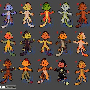 Puede incluir: Una colección de 15 ilustraciones de monos de dibujos animados en varios colores, incluyendo azul, verde, naranja y marrón. Cada mono tiene un patrón y diseño únicos, con la palabra "sold" escrita en la cola.
