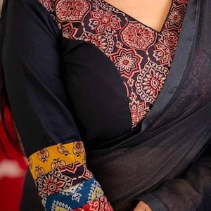 Pure cotton black Blouse with Ajrakh patchwork|Ready to ware Crop top/Blouse