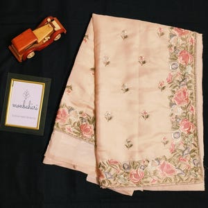 Soft Tussur Silk Saree | Off-White with Parsi Gara Embroidery | Elegant Embroidered Blouse Piece | Timeless Ethnic Wear | MONBAHARI