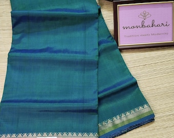 Peacock Blue Katan Silk Saree | Bishnupuri Temple Zari Border