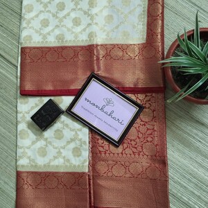 Soft Banarasi Silk Saree with Wide Red Border | Durga Puja & Diwali Festive Collection | Rich Brocade Pallu | Budget-Friendly Puja Wear Sare
