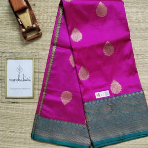 Reine Katan Seide Banarasi Saree | Zweifarbiges Magenta Grün | Seidenzeichen zertifiziert | Brautmode und Festschmuck | Handweben | Monbahari Sari