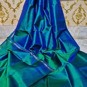 Pure Silk Saree in Peacock blue Dual tone Bishnupuri Katan silk saree with temple zari border|Silk marked Saree Gift for Her