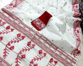Bengali Dhakai Jamdani Saree/ Handloom cotton Dhakai Jamdani Saree in red white colour/Durga Puja Saree