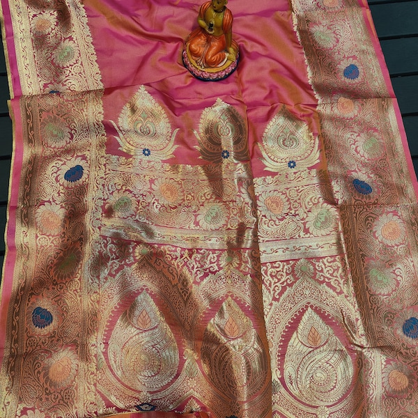 Banarasi Soft Silk saree in peachish pink yellow dual tone shade with silver zari Minakari weaving