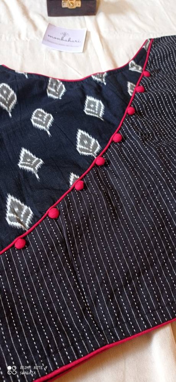 Monbahari Black Cotton Blouse Designer Boutique Blouse in Pure Cotton with Mix N Match Hand Block Print and Kanthastitch