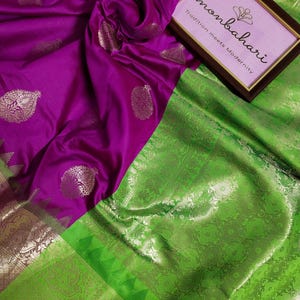 Kanjivaram Silk Saree in Magenta and Green | Traditional Zari Woven Saree with Blouse | Festive & Wedding Wear