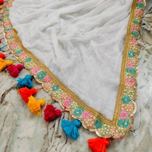 Primium Mulmul Cotton Saree/Designer boutique collection Saree in Milky white with kundan work border and big tussels/ Ready to ship