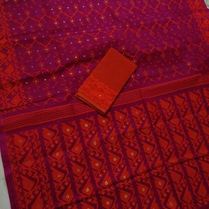 Bengal Jamdani Saree in Deep Fusia Pink With Contrast Orange Motifs ...