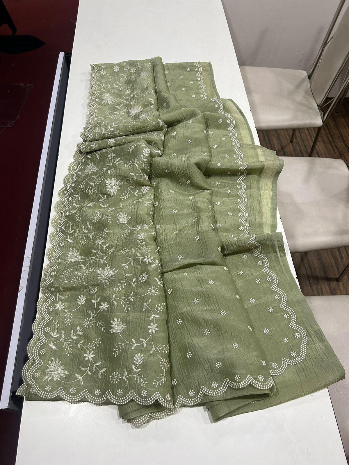 Green Plain Tissue Silk Readymade/Easy Saree
