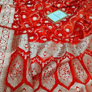 Bridal Red Banarasi Saree | Mashroo Katan Silk Saree | Silver Zari Floral Jaal Weaving | Indian Wedding Saree | Ready to Ship