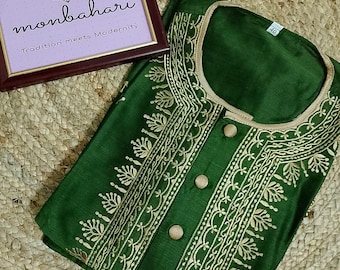 Sap Green Men's Kurta Khadi Silk | Hand Embroidered Neckline | Festive Wear for Durga Puja, Diwali, Wedding | Size 40 Ready to dispatch