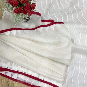 White Muslin Jamdani Saree with Flower Buttis main image 1